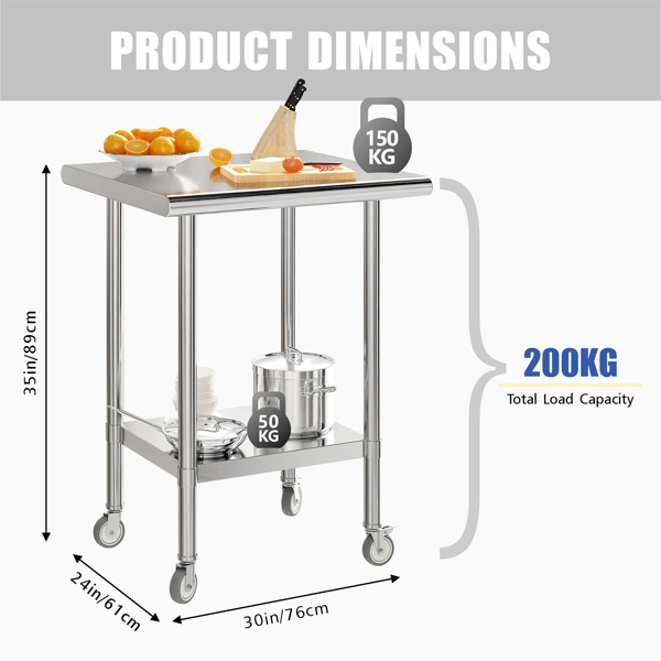 Generisch Küche Edelstahl Tisch, Edelstahl Regal mit 3 Regalen & Edelstahltisch mit Rollen, Servierwagen Edelstahl Unterstützung 150KG, Edelstahl Tisch für Restaurant Haus Hotel (76 * 61 * 89 cm)