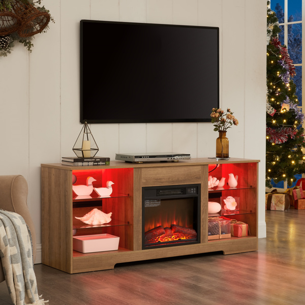 TV Stand Electric Fireplace Glass Shelves, 3D Fireplace TV Stand with LED Lights Wood with USB Charging Outlet Modern Television Table Center for TV up to 62" OAK 58''W*15.5''D*24.4 