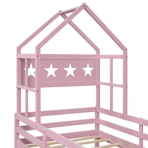 Wood Twin Size House Platform Bed with Guardrail and Drawer, Pink