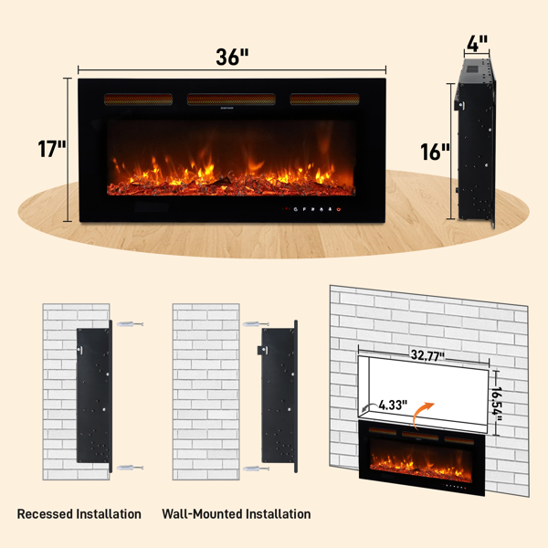 ZOKOP 36" Smart WiFi Electric Fireplace Insert, 1500W Wall Recessed/Mounted, Freestanding Fireplace Heater with Remote Control, 12 Color Adjustable Flames, Thermostat, 8H Timer, 5 Brightness Settings