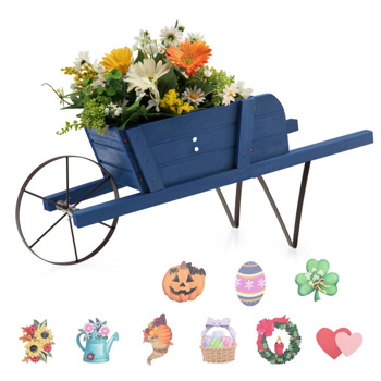 2 In 1 Wheelbarrow Planter，Wooden Wagon Planter with 9 Magnetic Accessories for Garden Yard