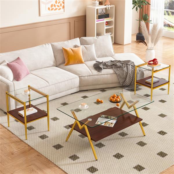 Coffee Table and End tables Set of 3, Tempered Glass Table with MDF layer, Modern Tables for Living Room , Transparent Glass