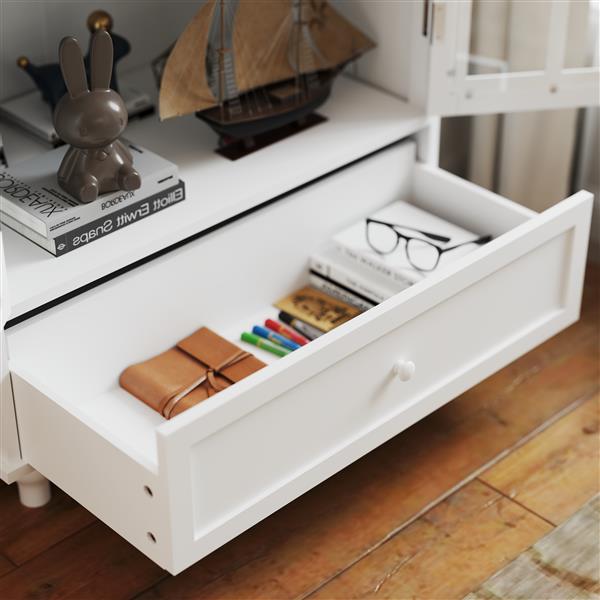 Minimalist White Buffet Cabinet with Double Glass Doors and Drawer, Modern Wooden Storage Sideboard Cupboard for Living room, Dining Room Hallway Entryway