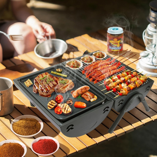 Table Top Grill Charcoal with Smoker, Double Side Use Small Charcoal Grill Portable with Grate and Fry Pan for Outdoor Camping BBQ,15.8in*11.6in*16.7in