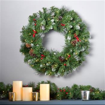 2-packed 24\\'\\' Glitter Bristle Mixed Wreath with with 9 Red Berry and 9 Pine Cones and 50 Warm White LED Lights with Timer-Battery Operated-Outdoor, 150 tips