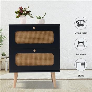 2-drawer Rattan Nightstand for Bedroom and Living Room, End Table, Side Table with 2 Hand Made Rattan Decorated Drawers