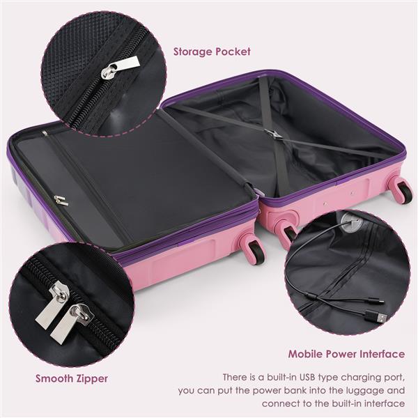 Luggage Set of 3, 20-inch with USB Port, Airline Certified Carry-on Luggage with Cup Holder, ABS+PC Hard Shell Luggage with Spinner Wheels, purple and pink