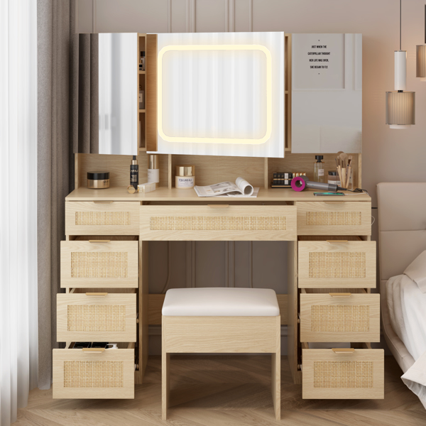 Large Vanity Table Set with 3 Opening Mirrors and LED Lights, Vanity Table with Full Storage Behind Mirror, Makeup Table with Drawers and Storage Shelves, Cushioned Stool for Bedroom, Natural