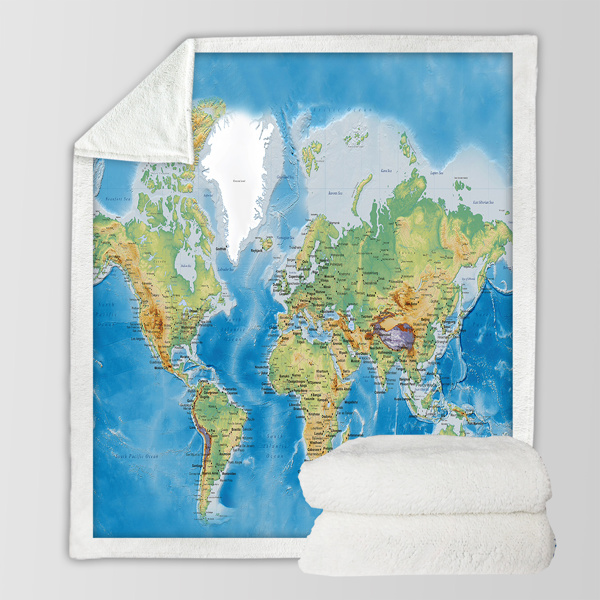 3D World Map Travel Printed Sherpa Fleece Blanket 60*80 Inches Navy Blue World Landmark Abstract Map Modern Fleece Blankets for Home Bedroom