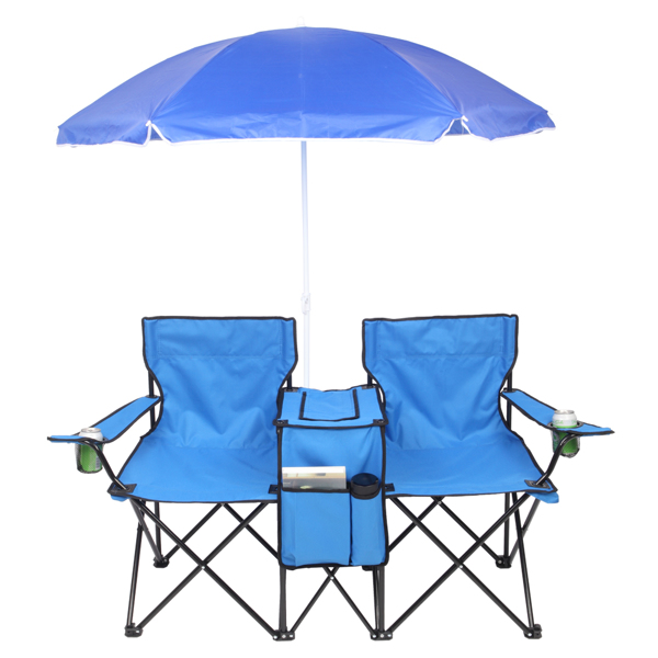 Portable Outdoor 2-Seat Folding Chair with Removable Sun Umbrella Blue