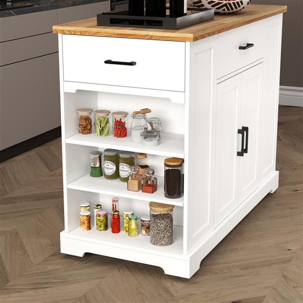 46'' Multi-Storage Rolling Kitchen Island with Rubber Wood Tabletop, Large Farmhouse Kitchen Cart with Adjustable Shelves and Drawers, Movable Dinning Table Bar with Storage Cabinet for Kitchen