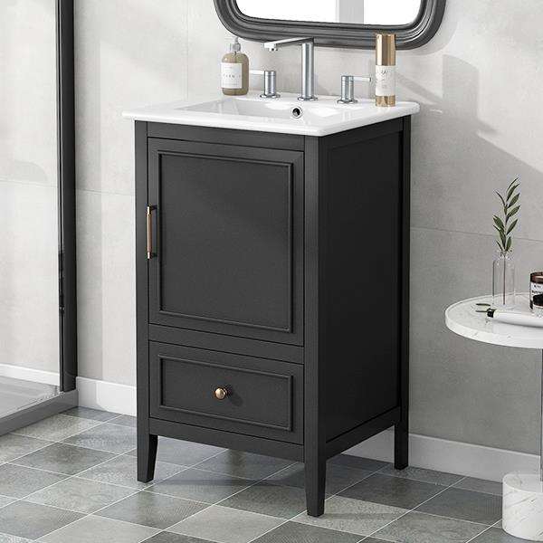 20" Bathroom Vanity with Sink, Bathroom Cabinet with Two Doors, Door Shelf Storage and Adiustable Foot Pads, A Drawer, Black