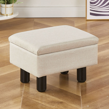 Foot Stool Ottomans Linen Footrest Storage Ottoman Step Stool Seat with Solid Wood Legs Modern Accent Stools for Couch Living Room Beige