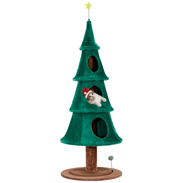 65in Large Tall Christmas Tree Cat Tower with 3 Cat Houses, Soft Fleece Cat Tree with  Teaser Toy & Sturdy Base & Built-in Openings for Indoor Cats