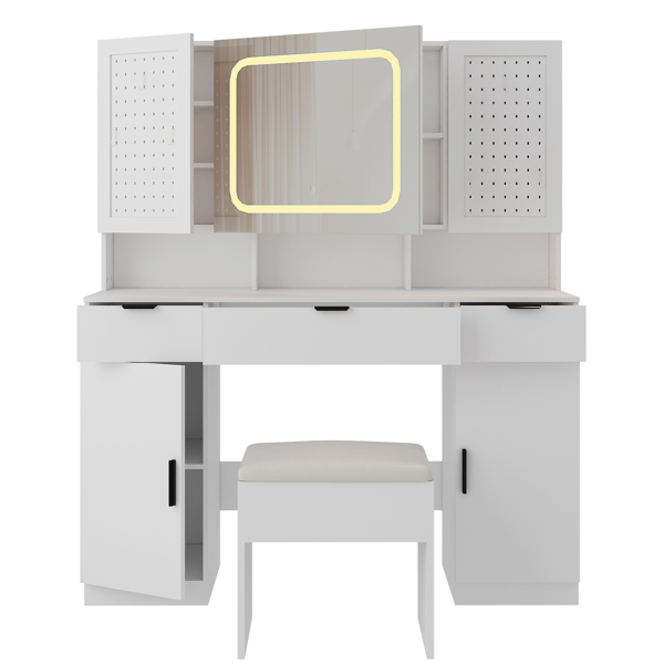 Large Vanity Table Set with LED Lighted Mirror and 2 DIY Pegboards, 5 Hooks, Vanity Desk with Charging Station, Makeup Table with Drawers, Storage Shelves and Cabinets, Cushioned Stool for Bedroom