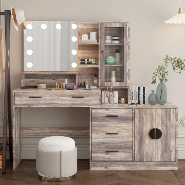 Large Makeup Vanity with Lights, Vanity Table with Charging Station, Vanity Desk with Mirror and 10 LED Light Bulbs, Makeup Table with Drawers and Storage Shelves and Cabinets, Gray