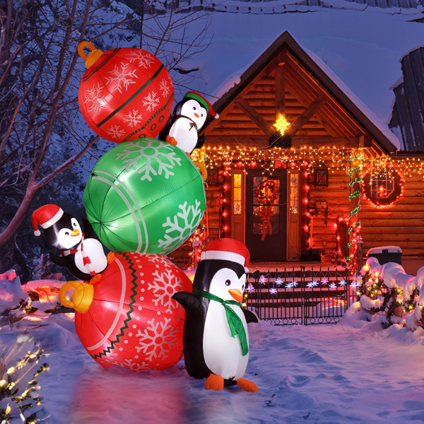 8.9 FT Lighted Christmas Inflatable Decoration, Inflatable Christmas Balls and Penguins, Funny Blow Up Yard Decorations with Built-in LED Lights for Holiday Party Front Yard Lawn Garden Decor