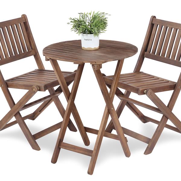 3-Piece Acacia Wood Bistro Set, Wooden Folding Patio Furniture for Garden Backyard Balcony Porch w/ 1 Coffee Table and 2 Foldable Chairs, Natural Stained