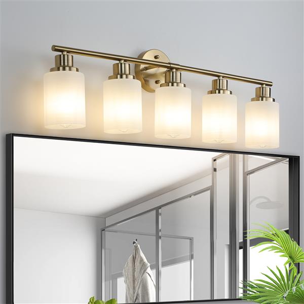 5-Light Golden Bathroom Vanity Light Fixture, Frosted Glass Shades, Modern Wall Mounted Lighting (No Bulbs)