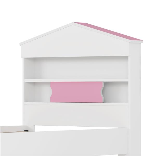 Twin Size House-Shaped Wooden Bed with Storage Shelf on the Headboard, Built-in Two Storage Drawers, Pink