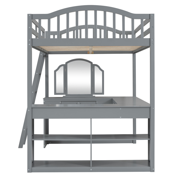 Full Wooden Loft Bed with U-shaped Desk,Storage Compartments and Tri-fold Mirror, Gray 