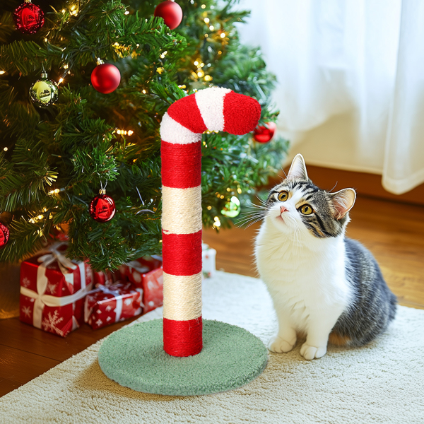 Christmas Cat Scratching Post, Cute Candy Cane Cat Scratcher with Sisal Scratching Post & Soft Plushy Covering for Indoor Cats