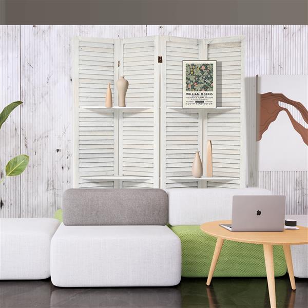 Room Divider 4 Panel, White Room Divider with Shelves, Wall Room Dividers and Folding Privacy Screens, Portable room partitions and dividers for Bedroom, Home Office, Studio (White)