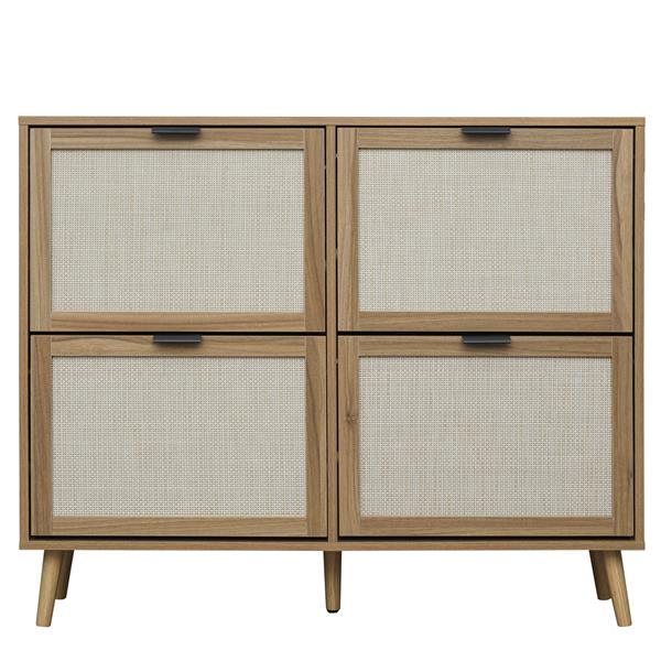 Natural Rattan 4 Door Shoe Rack, Freestanding Modern Shoe Storage Cabinet, for Entryway