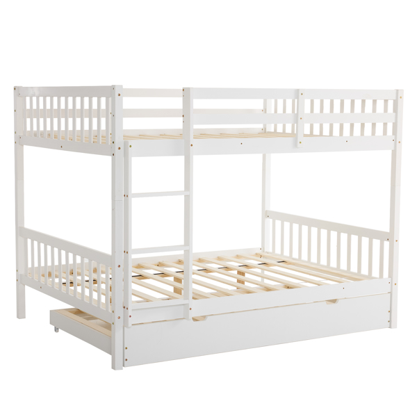 Full Size Bunk Bed with Trundle Bed, with Ladder and Safety Rails Pinewood Bunk Bed White