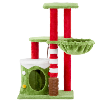 32in Cat Scratching Posts Tower with Cat Condo and Hammock, Christmas Themed Plush Cat Tree with Cat Massage Brush, Activity Center for Indoor Cats