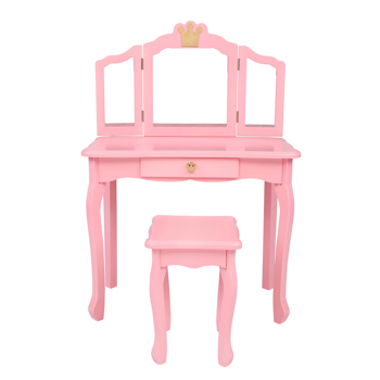 Children\\'s Wooden Dressing Table Three-Sided Folding Mirror Dressing Table Chair Single Drawer Pink Crown Style