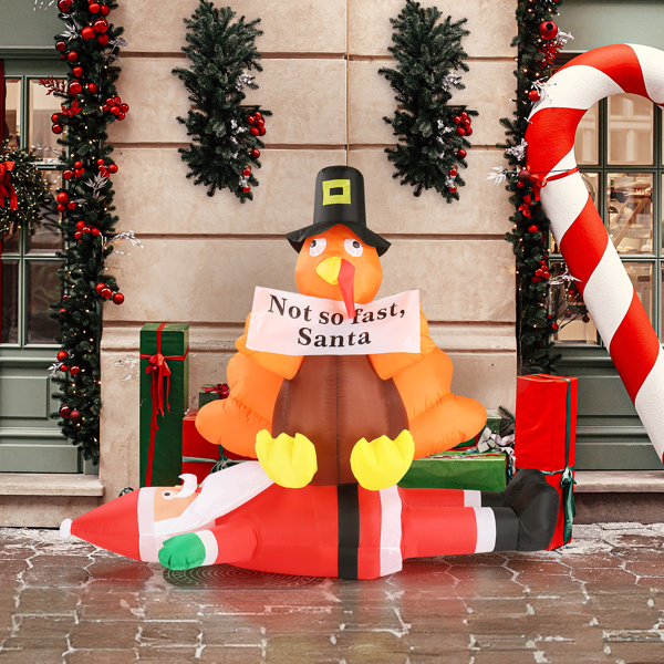 4.9 FT Lighted Christmas Inflatable Decoration, Inflatable Turkey Sitting on Santa Claus, Funny Blow Up Yard Decorations with Built-in LED Lights for Holiday Party Front Yard Lawn Garden Decor