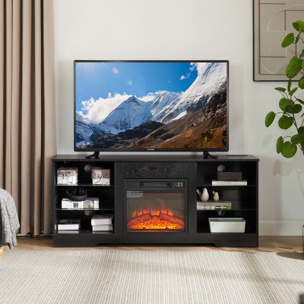 TV Stand Electric Fireplace Glass Shelves, 3D Fireplace TV Stand with LED Lights Wood with USB Charging Outlet Modern Television Table Center for TV up to 62" Black 58''W*15.5''D*24.4 