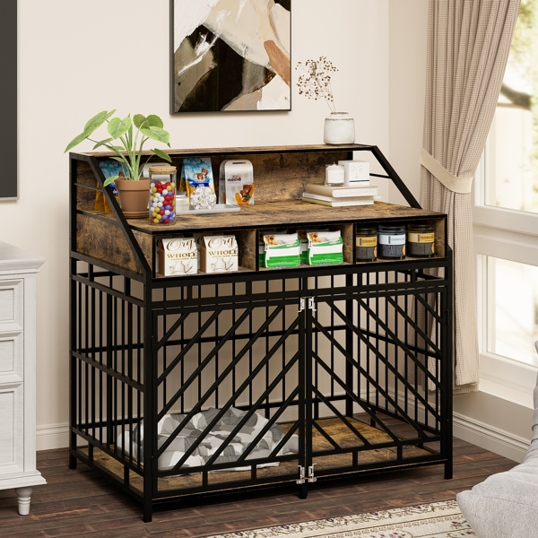 43.3 inch Dog Cage Furniture for Large Dogs,Wooden Dog Crate with Divider,Double Door Dog Kennel with Three Drawers Storage,Heavy Duty Dogs Decorative Pet House for Large Medium Dogs