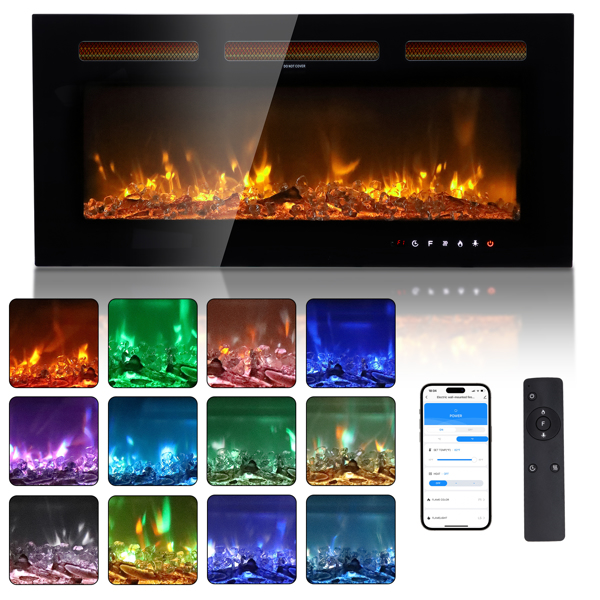 ZOKOP 36" Smart WiFi Electric Fireplace Insert, 1500W Wall Recessed/Mounted, Freestanding Fireplace Heater with Remote Control, 12 Color Adjustable Flames, Thermostat, 8H Timer, 5 Brightness Settings