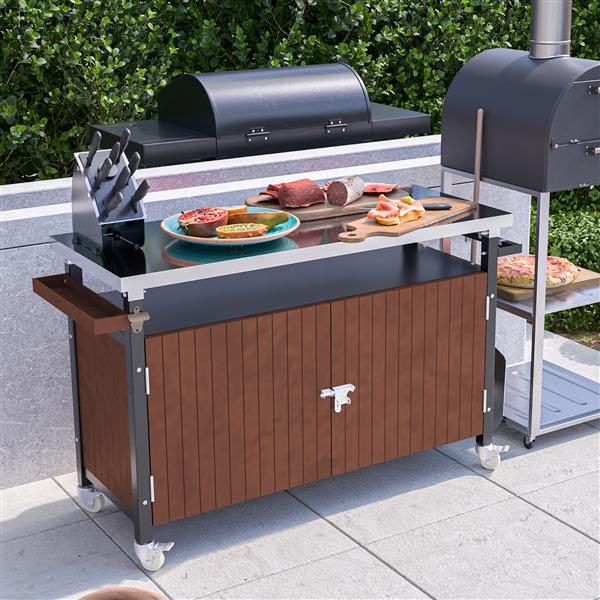 Outdoor Grill Cart with Stainless Steel Tabletop, Storage, Patio Kitchen Island with Wheels, Hooks, and Spice Rack, Waterproof Outdoor Grill Table, Movable BBQ Serving Cart Rolling Bar Cart