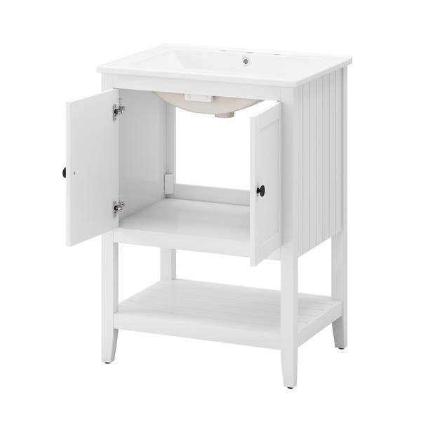 24" White Modern Sleek Bathroom Vanity Elegant Ceramic Sink with Solid Wood Frame Open Style Shelf