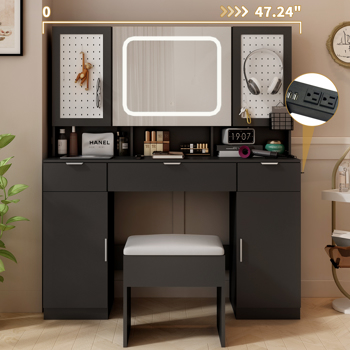 Large Vanity Table Set with LED Lighted Mirror and 2 DIY Pegboards, 5 Hooks, Vanity Desk with Charging Station, Makeup Table with Drawers, Storage Shelves and Cabinets, Cushioned Stool for Bedroom