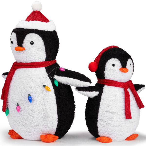 2-Piece Lighted Plush Penguins Christmas Yard Decorations, Set of 2 Pre-lit Pull Up Penguins with 150 Warm White LEDs, Multi-color Light String and Stakes for Xmas Outdoor Holiday Indoor Decor