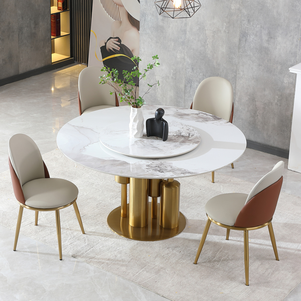 Modern Marble Dining Table with Removable Turntable, 59" Round Sintered Stone Table with Stainless Steel Base, 5-Piece Dining Table Set for Dining Room, Kitchen, Dinette, Compact Space (LTL item)