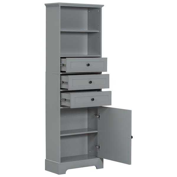 Gray Tall Storage Cabinet with 3 Drawers and Adjustable Shelves for Bathroom, Study, Office and Interior, MDF Board with Painted Finish