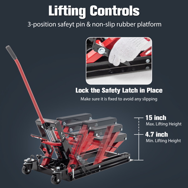 Hydraulic Motorcycle Lift Jack, 1500 LBS Capacity Foot-Operated Motorcycle Lift Table, ATV Scissor Lift Jack with 4.5" - 15" Lifting Range, Portable Motorcycle Lift Table with 4 Wheels.