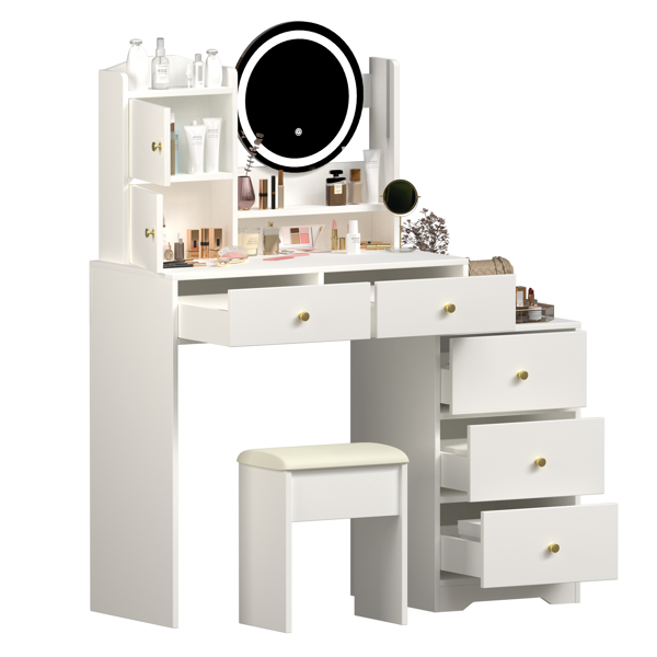 Fashion Vanity Desk with Mirror and Lights for Makeup and Cushioned Chair, Vanity Mirror with Lights and Table Set with 3 Color Lighting Brightness Adjustable,Dressing table, White Color 