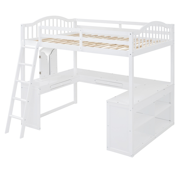 Full Wooden Loft Bed with U-shaped Desk,Storage Compartments and Tri-fold Mirror, White 