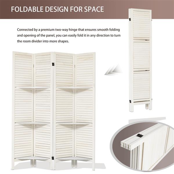 Room Divider with Shelves, 4 Panel White Room Divider, Room Dividers and Folding Privacy Screens, Portable Wooden Room Dividers and Partitions for Bedroom, Home Office, Studio (Warm White)