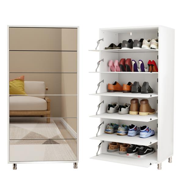 Mirror Shoe Cabinet With 6 Flip Drawers, Mirror Shoe Rack Organizer Store Ample Shoes, Mirror Shoe Storage With 4 Metal Legs, Door Opening Using Hand-Touch Flip-Out Door, White