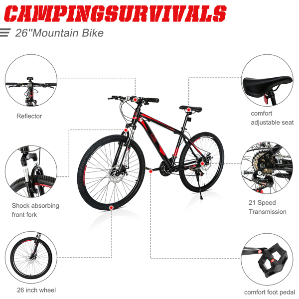 CamPingSurvivals 26 Inch 21 Speed ​​Explorer Red Black Mountain Bike