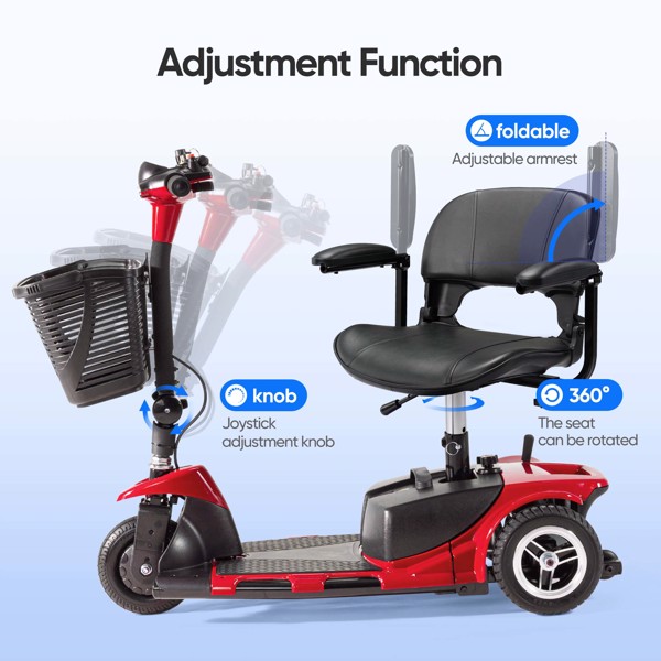 3 Wheel Mobility Scooters for Adults, Foldable Mobility Scooter for Seniors, Powered Electric Scooter with Basket, Heavy Duty Mobile for Travel, Elderly - Long Range Power Extended Battery (Red)