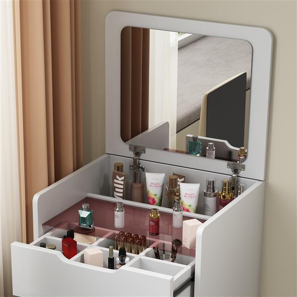 (48CM) 3 in 1 Vanity Desk with Plip Top Mirror,Small Make Up Vanity Set with Visible Glass Desktop,Compact Makeup Vanity with 3 Drawers,Cushioned Tool,Dressing Table for Bedroom