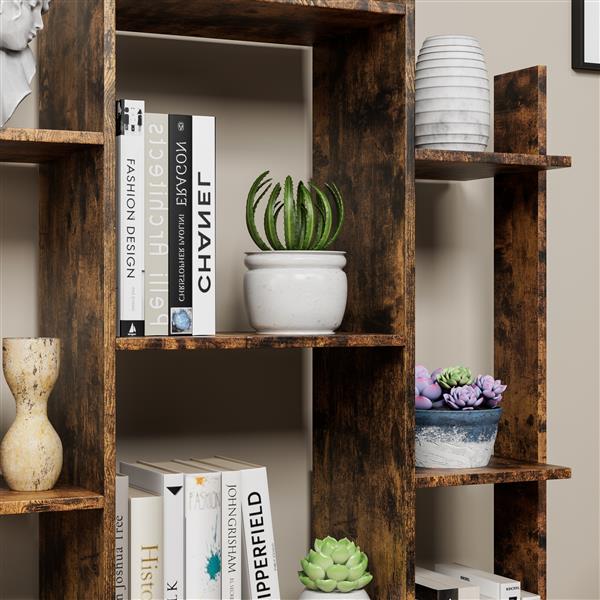 Bookshelf with 2 Drawers, Industrial Freestanding Open Display Shelving, Vintage Open Bookcase, 12 Storage Shelves, Book Case for Bedroom, Living Room, Home Office, Rustic Brown